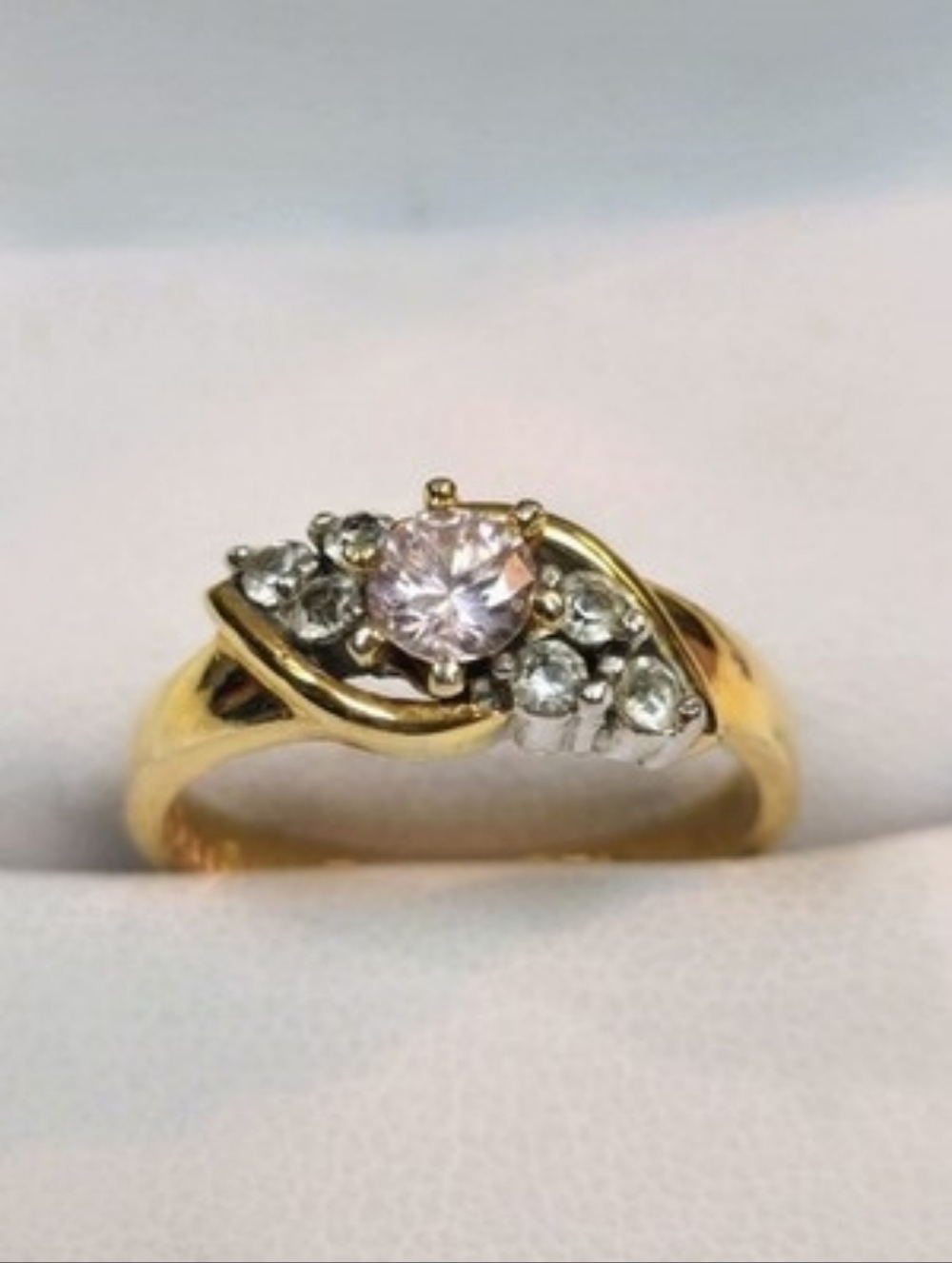Vintage Ring Pink Quartz and Crystal, 14k Plated, Sz 7